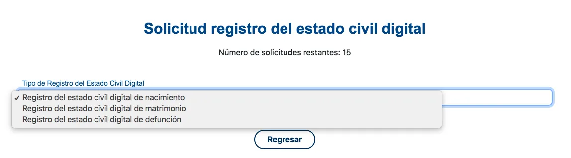 Imagen de la página para la solicitud del registro civil